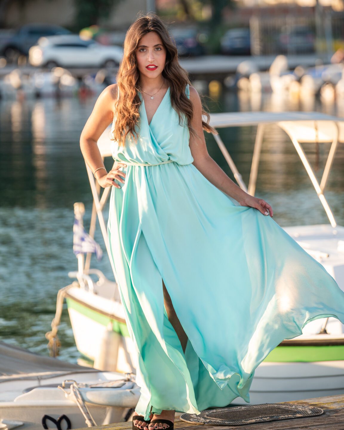 Maxi αέρινο φόρεμα με μπούστο κρουαζέ σε βεραμάν