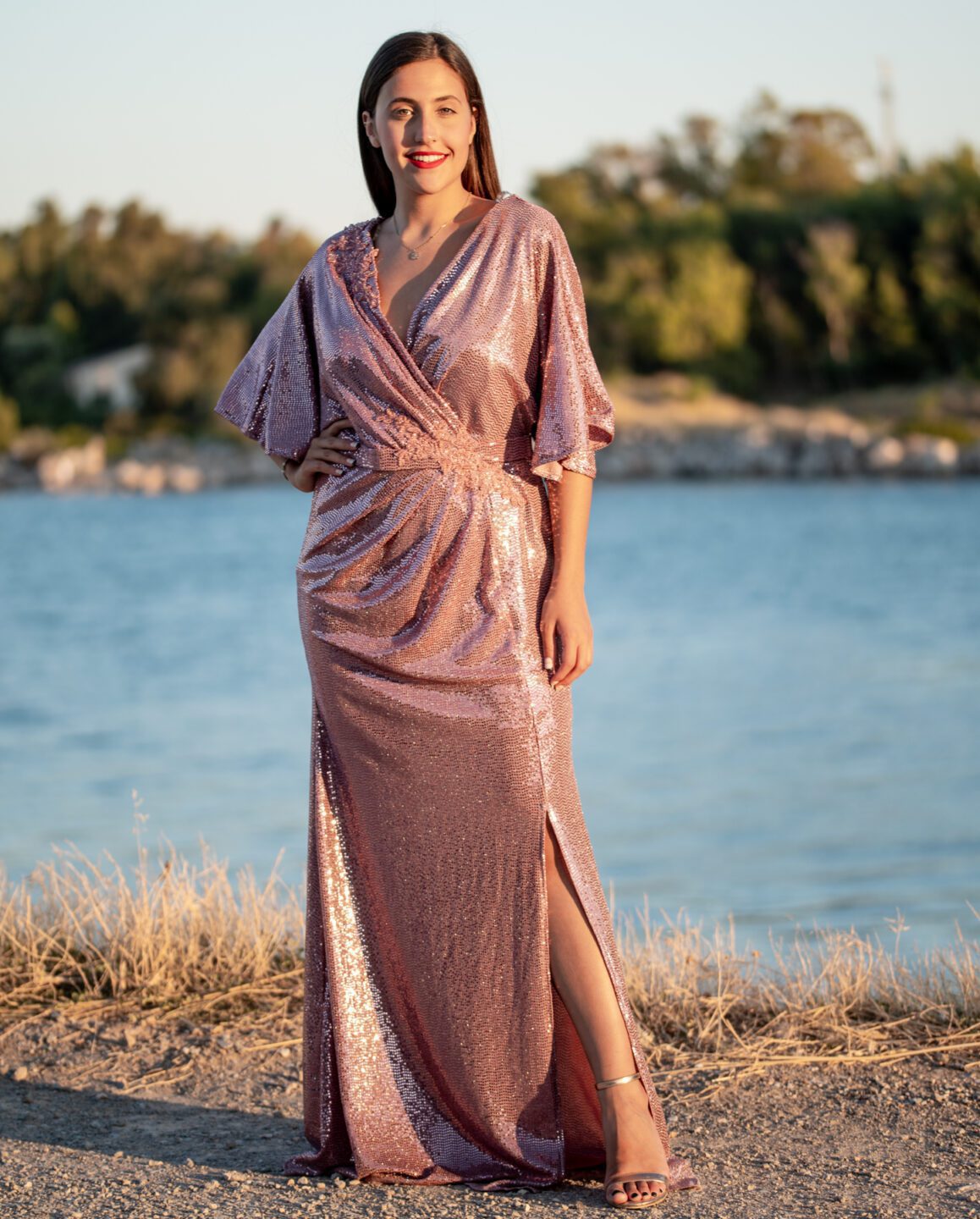 Maxi φόρεμα παγιέτα σε ροζ χρυσό