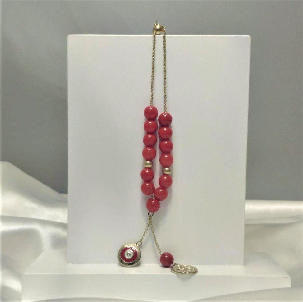 Μεγάλο Κομπολόι με επίχρυσα στοιχεία και κόκκινες χάντρες