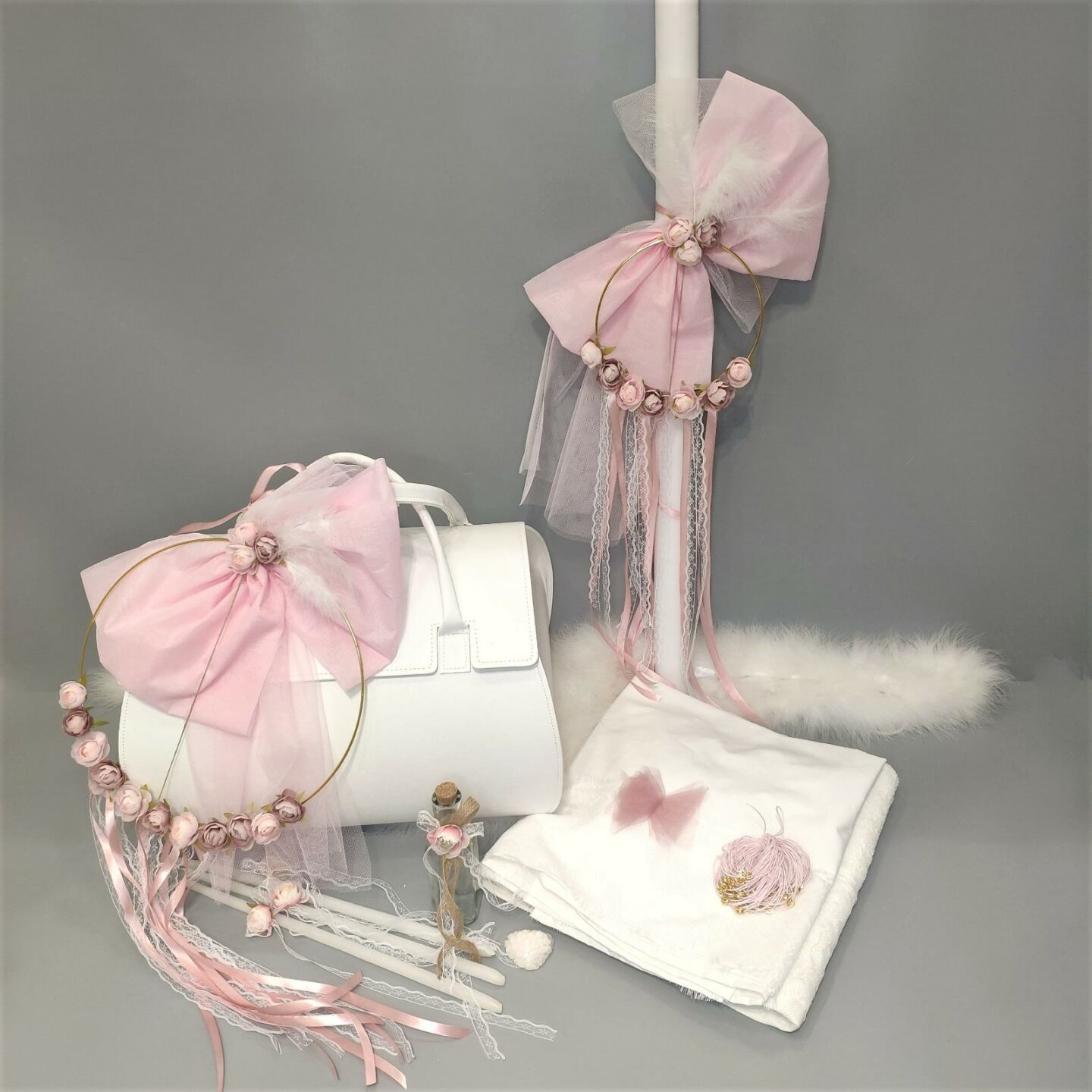 Πλήρες σετ βάπτισης για κορίτσι με vintage στεφανάκι με τριαντάφυλλα