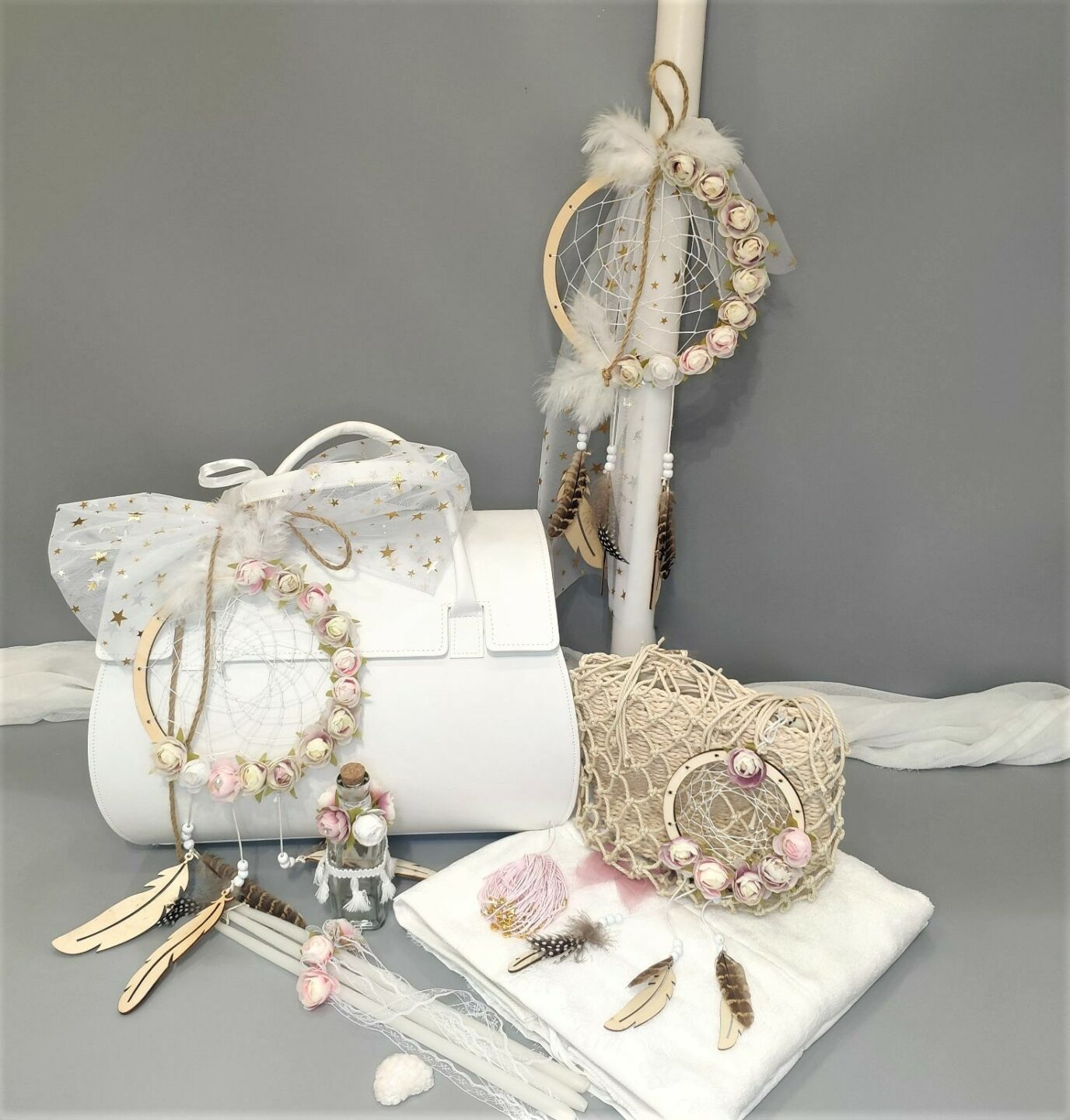 Πλήρες σετ βάπτισης για κορίτσι boho με ονειροπαγίδες