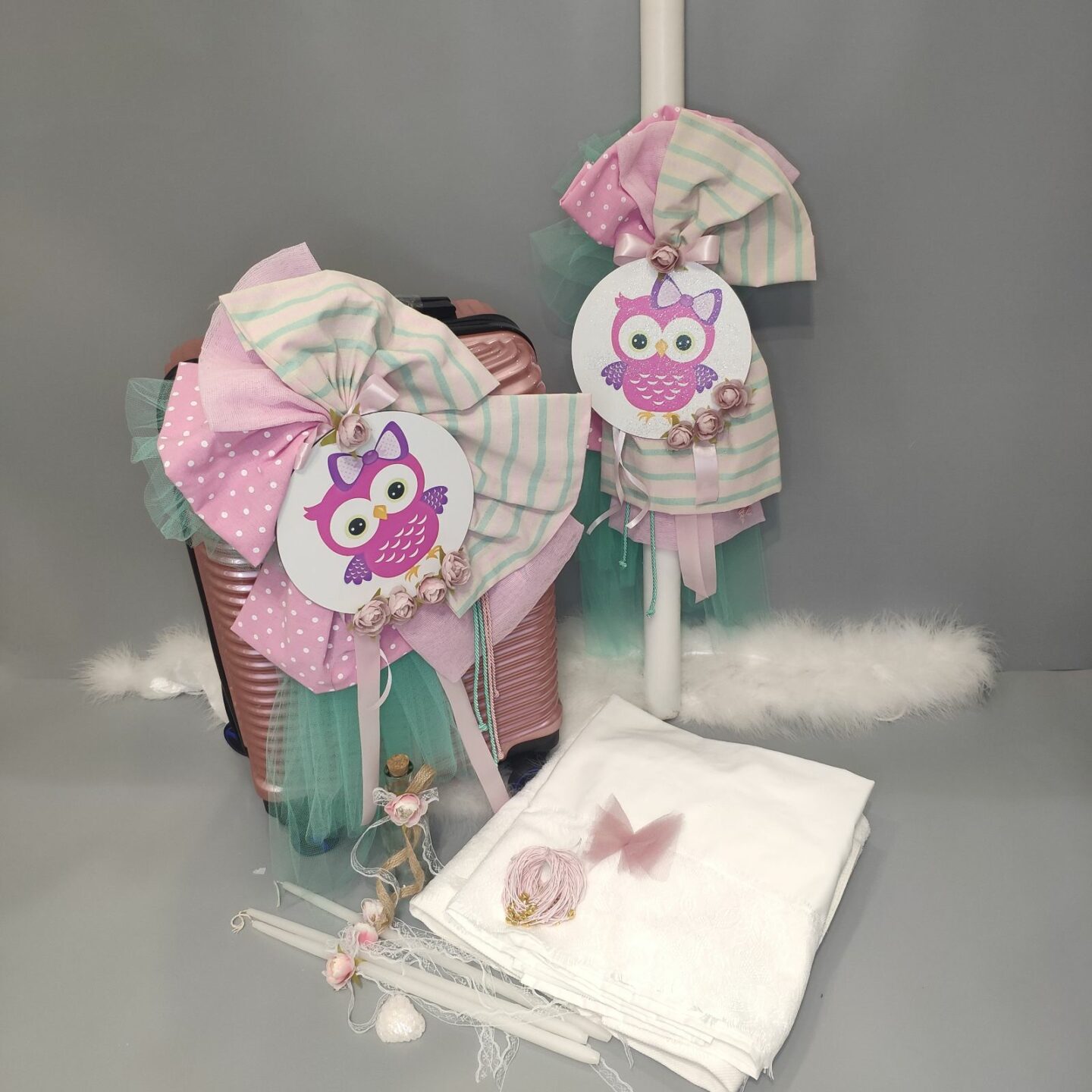 Πλήρες σετ βάπτισης για κορίτσι με θέμα την κουκουβάγια