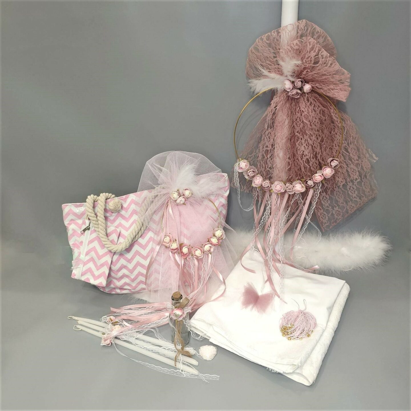 Πλήρες σετ βάπτισης για κορίτσι με vintage στεφανάκι με τριαντάφυλλα