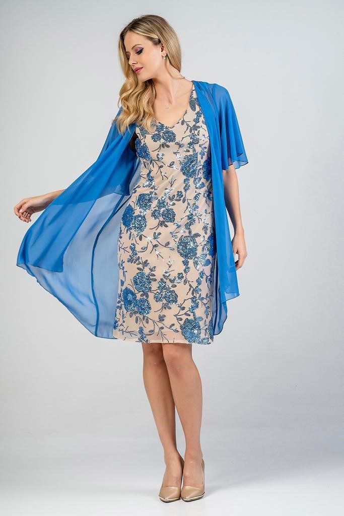 Φόρεμα μπλε ρουά με κέντημα και τούλι