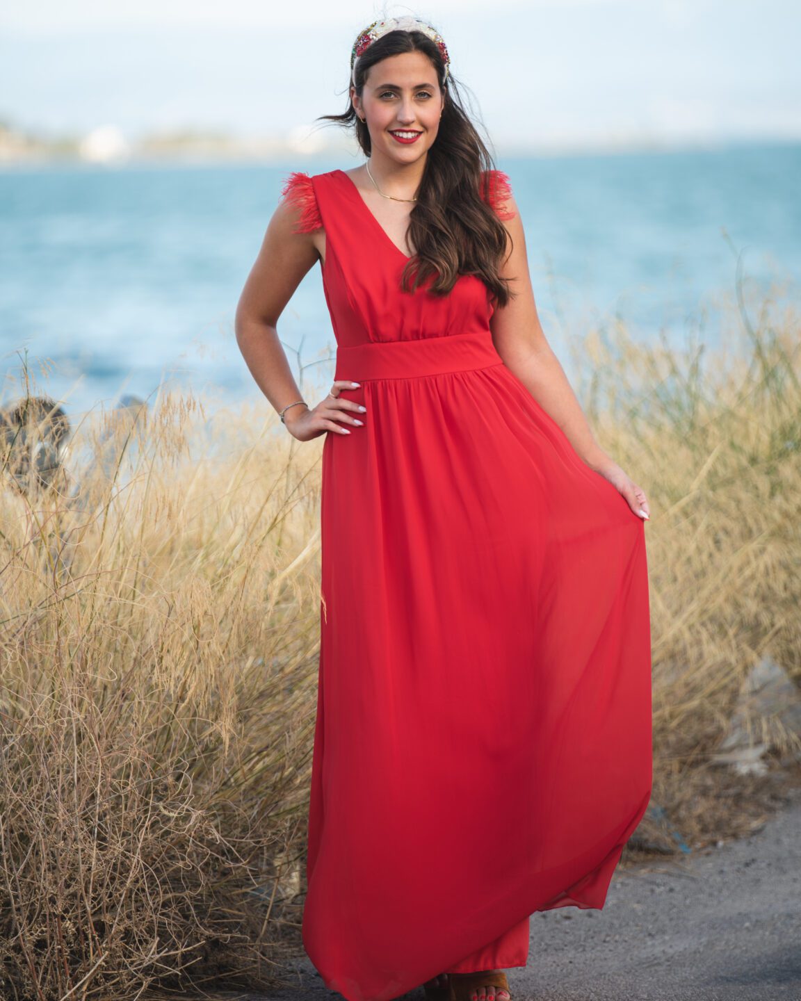 Maxi φόρεμα με φτερά σε κόκκινο