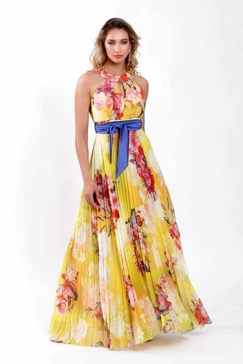 Maxi φόρεμα εμπριμέ σε κίτρινη απόχρωση