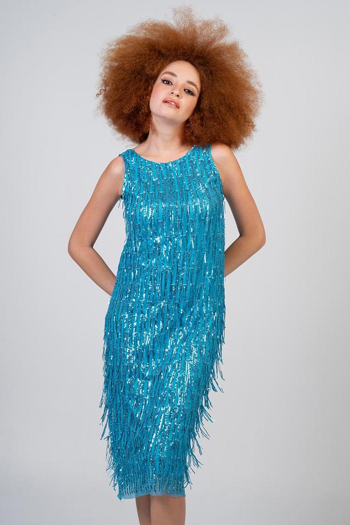 Midi φόρεμα με κρόσια σε τιρκουάζ