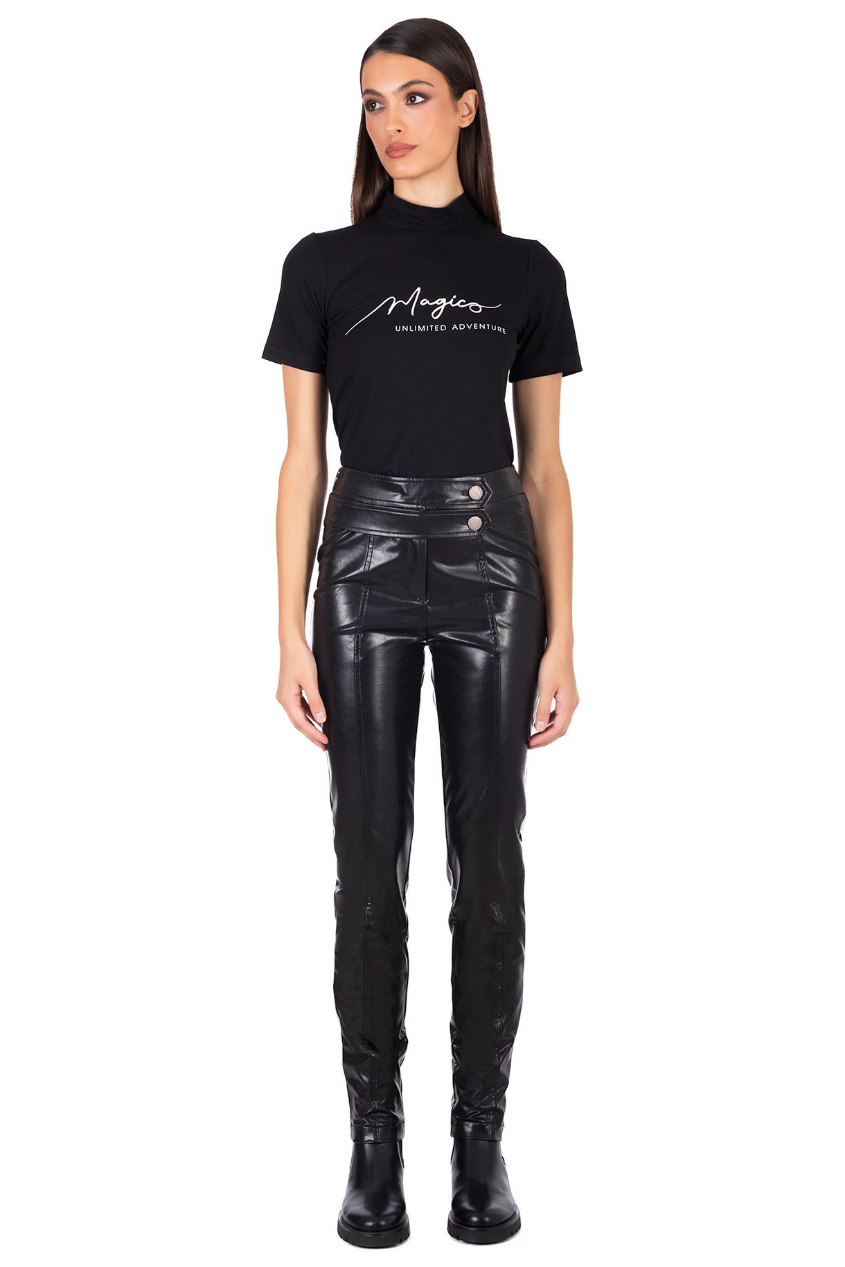 Μαύρο δερμάτινο παντελόνι με διπλή ζώνη