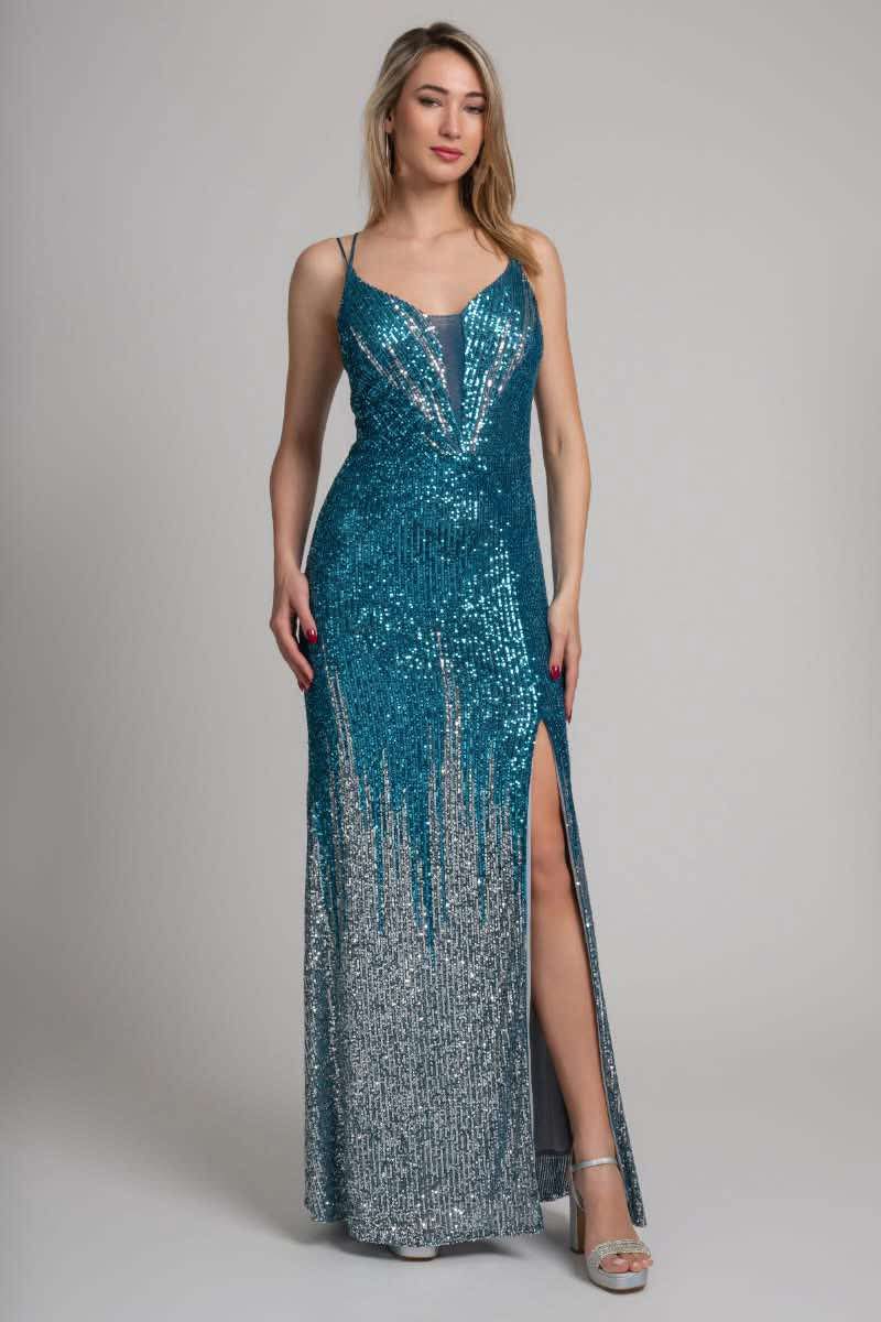 Μακρύ φόρεμα με παγιέτα και σκίσιμο
