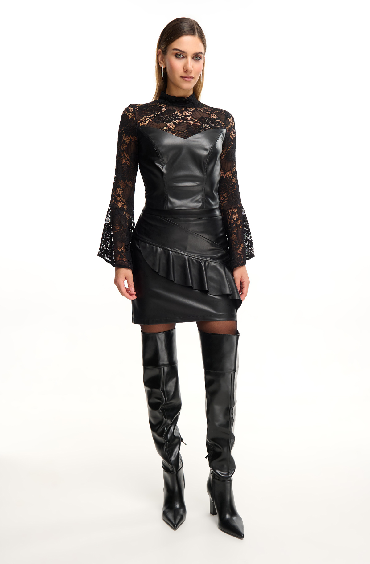 Σετ μπλούζα και φούστα από δερματίνη και δαντέλα