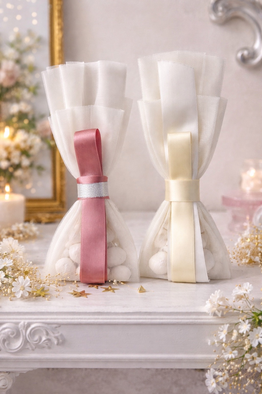 Μπομπονιέρα Γάμου τούλινη με Σατέν κορδέλα