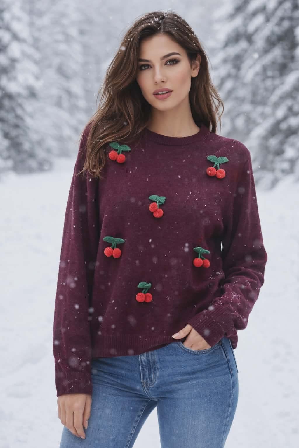 Πλεκτή μπλούζα με κερασάκια