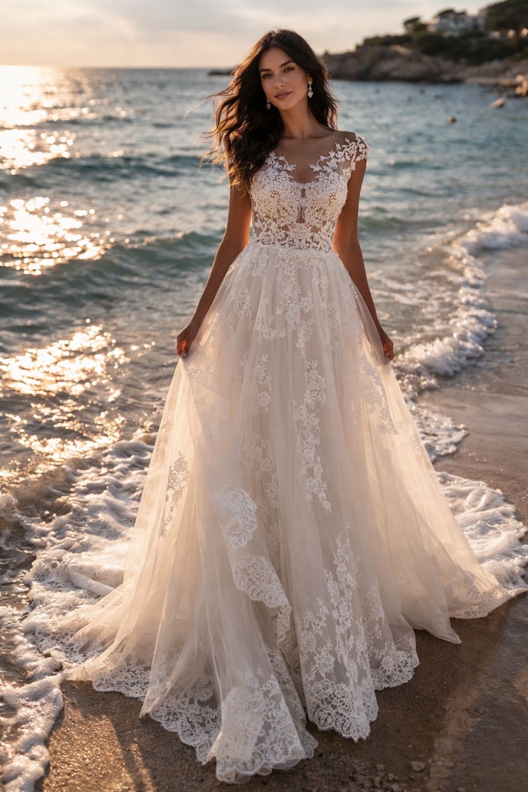 Νυφικό αέρινο με ημιδιάφανο μπούστο, περίτεχνη δαντέλα, floral κεντήματα και illusion ντεκολτέ.